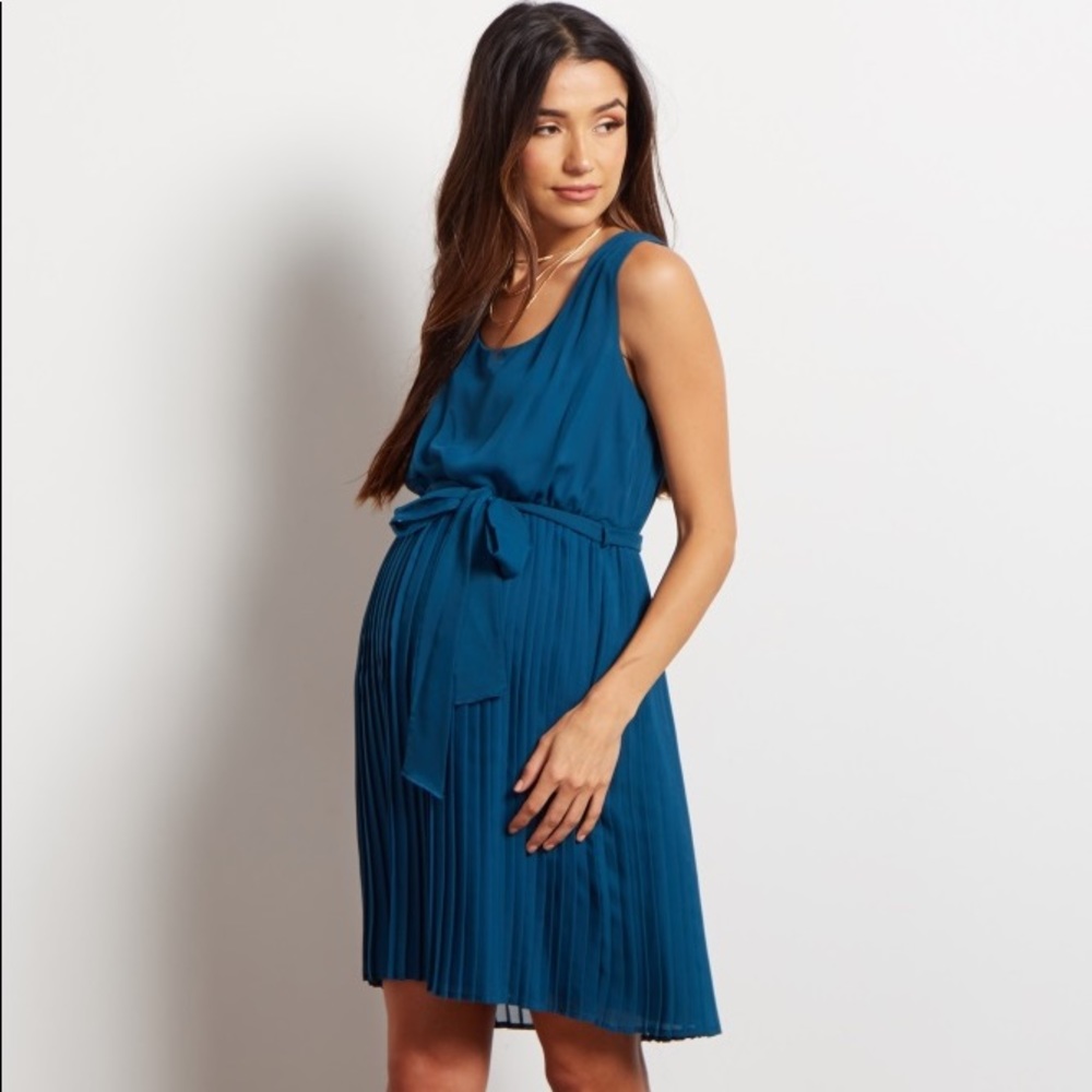 Pinkblush Teal Pleated Sash Tie Maternity Dress